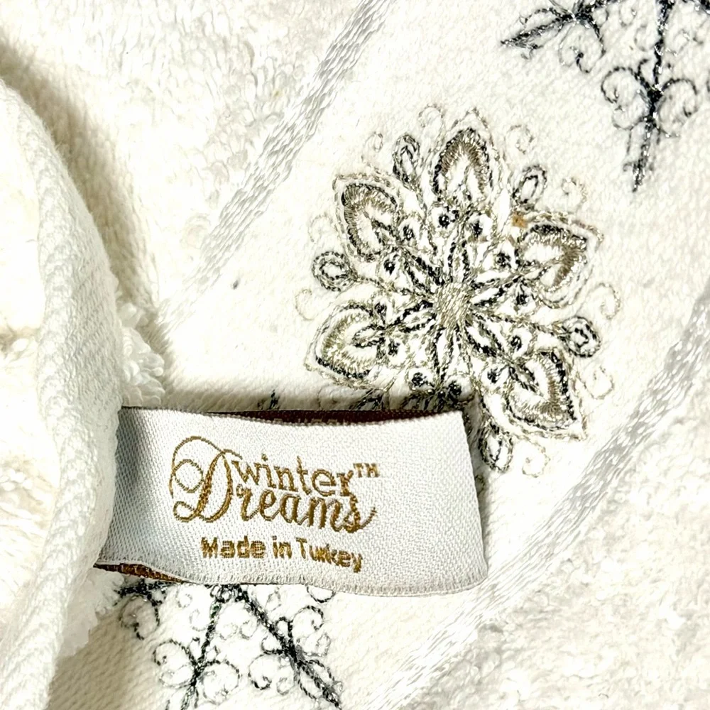Winter Dreams White Hand Towels with Silver Embroidered Snowflake Made in Turkey